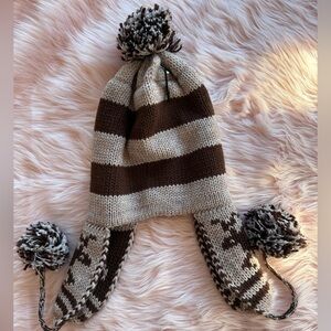 Angelina Striped Reindeer Knit Earflap Beanie Pom Pom Hat in Brown & Tan NEW